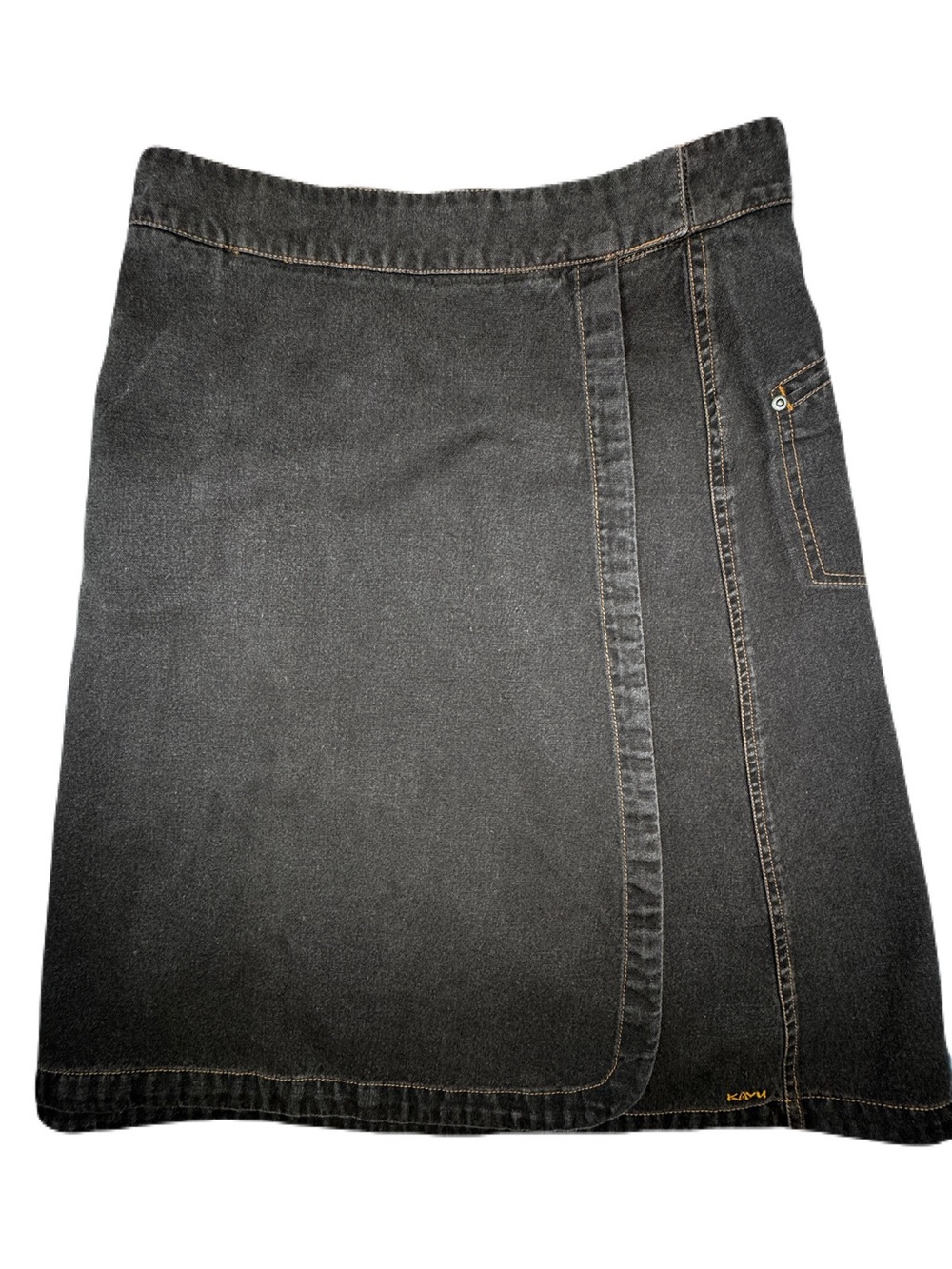 Kavu Brown Denim Wrap Skirt Knee Length Button and Hook Closure Sz 8 Schoolgirl